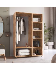 Guarda-roupa Aberto Camaiori em Madeira Maciça com Cabideiro e Prateleiras Modulares - Amêndoa